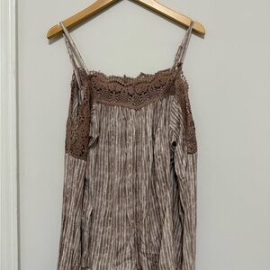 Taupe Lace Trim Strappy Top with Long Sleeves
